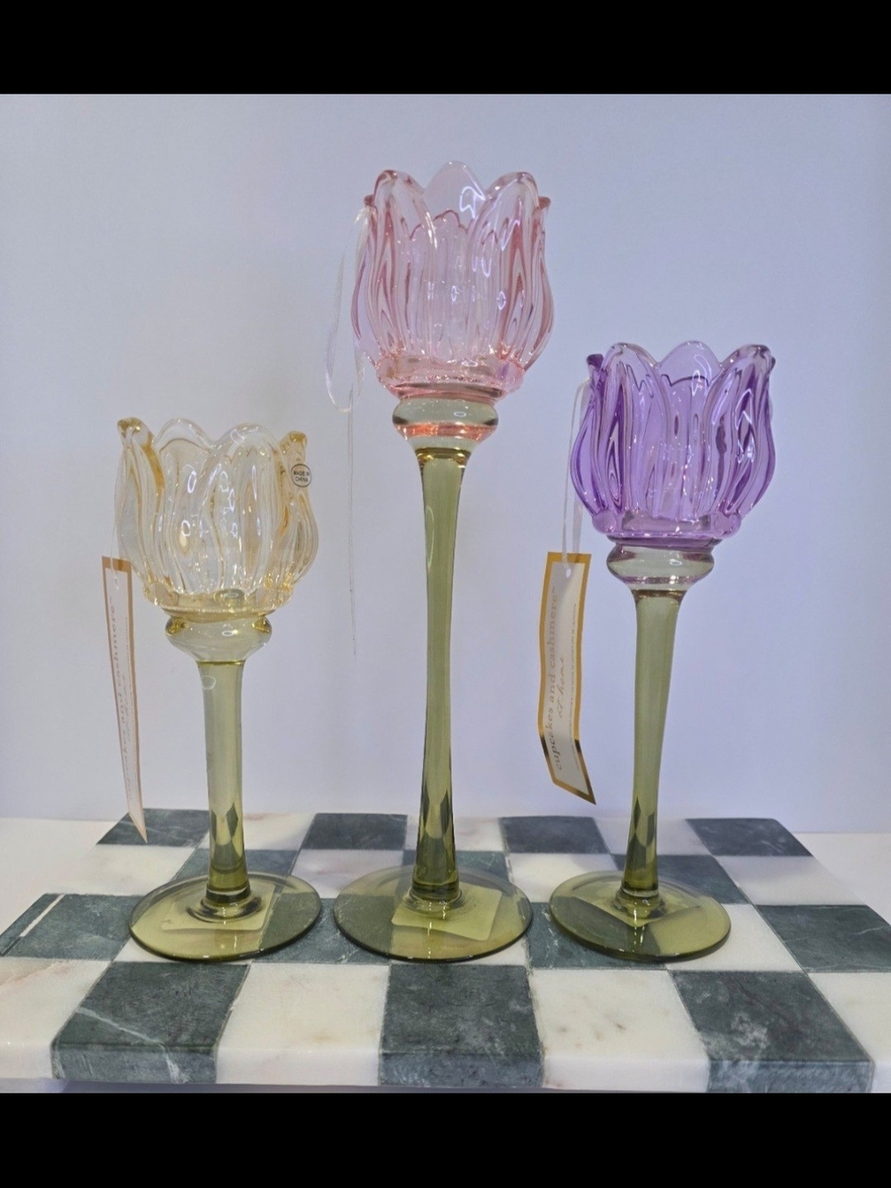 New! Cupcakes & Cashmere Set 3 Glass Tulip Candle Holders|Pink Purple & Yellow.